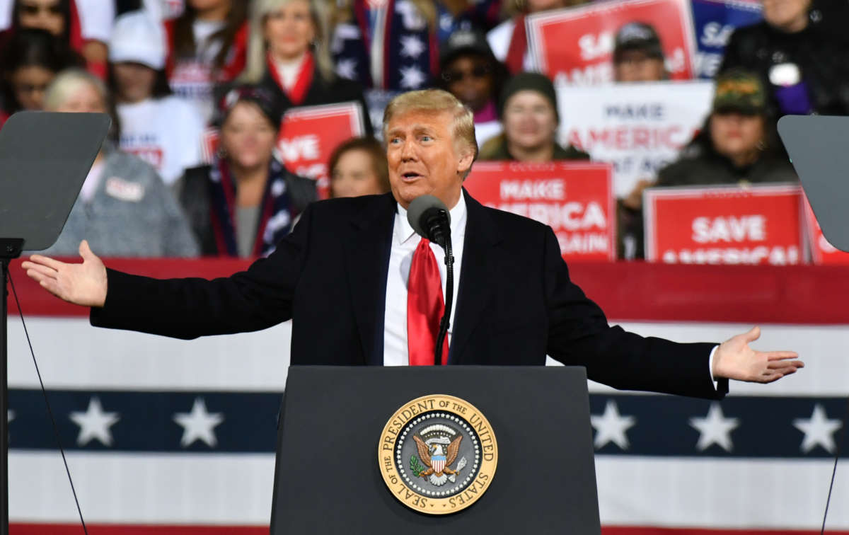 President Donald J. Trump addresses the crowd with the Republican National Committee hosts a Victory Rally with Sen. David Perdue and Sen. Kelly Loeffler in Valdosta, Georgia, on December 5, 2020.