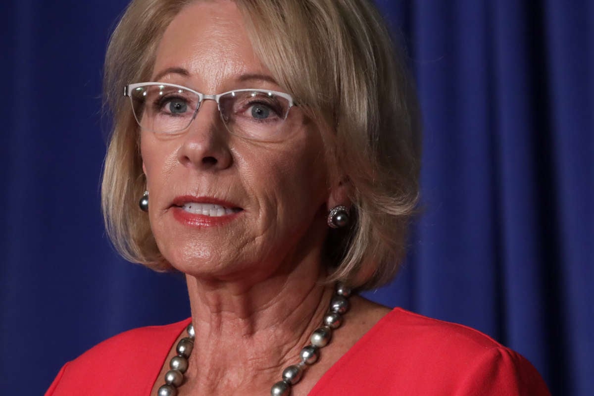 Secretary of Education Betsy DeVos speaks during a White House Coronavirus Task Force press briefing at the U.S. Department of Education July 8, 2020, in Washington, D.C.