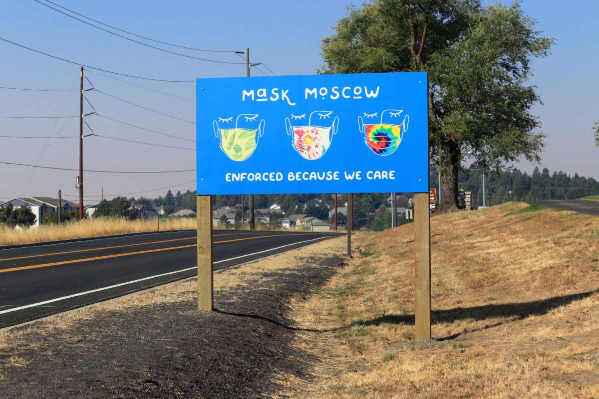 Highway sign in city of Moscow, Idaho, reminding citizens to wear masks, on September 10, 2020.