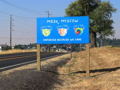 Highway sign in city of Moscow, Idaho, reminding citizens to wear masks, on September 10, 2020.