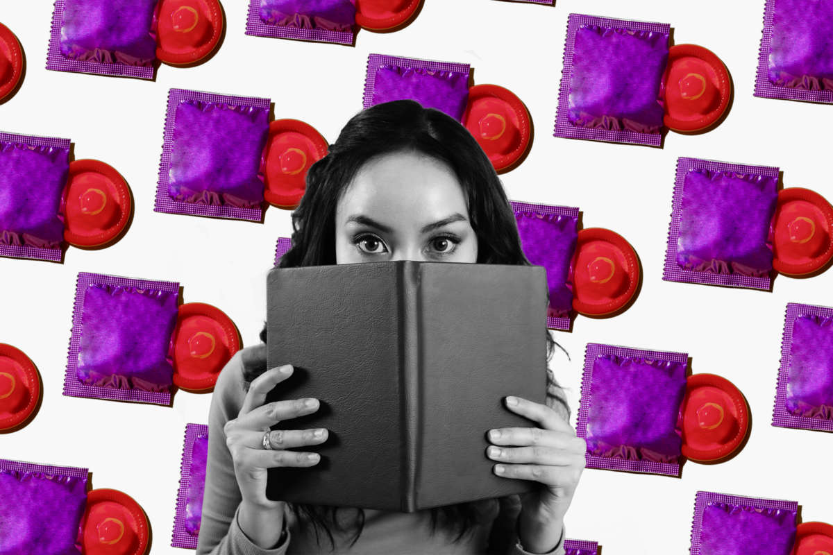 A photo collage of a young woman peeking over a book in front of a background motif of condoms