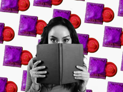 A photo collage of a young woman peeking over a book in front of a background motif of condoms