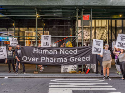 Activists from ACT UP/NY (AIDS Coalition To Unleash Power), VOCAL NY (Voices of Community Activists and Leaders), UAEM (Universities Allied for Essential Medicines) and other groups protest the ongoing U.S. drug pricing crisis on September 14, 2016, in New York City.