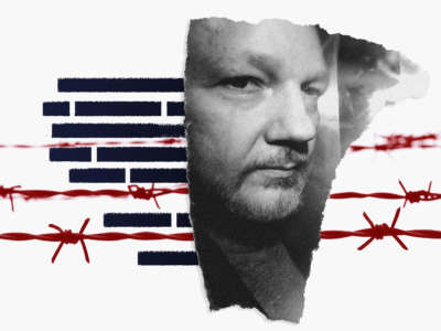 Julian Assange with redacted text and barbed wire
