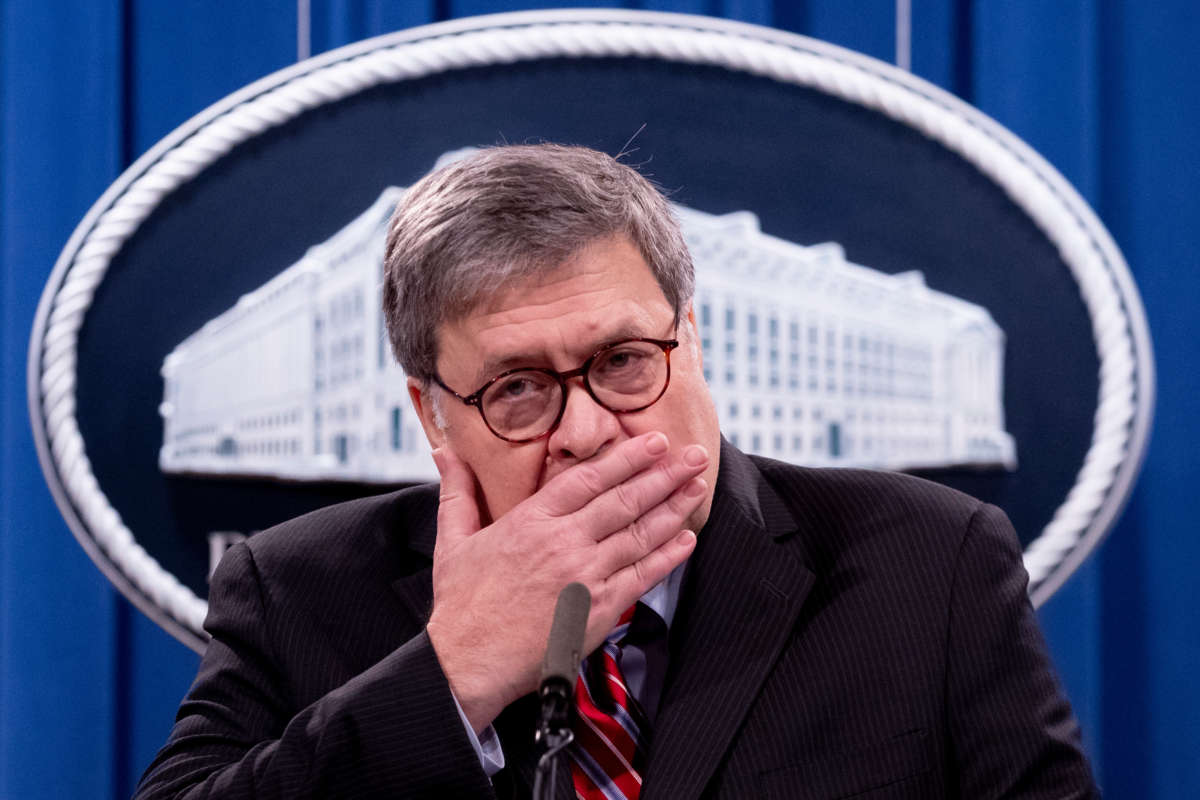 Attorney General Bill Barr holds a news conference at the Department of Justice on December 21, 2020, in Washington, D.C.