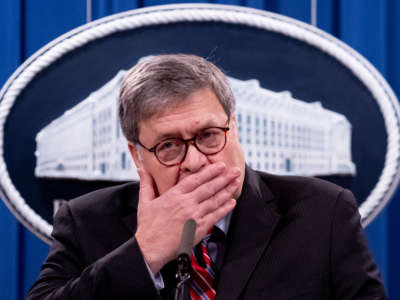 Attorney General Bill Barr holds a news conference at the Department of Justice on December 21, 2020, in Washington, D.C.