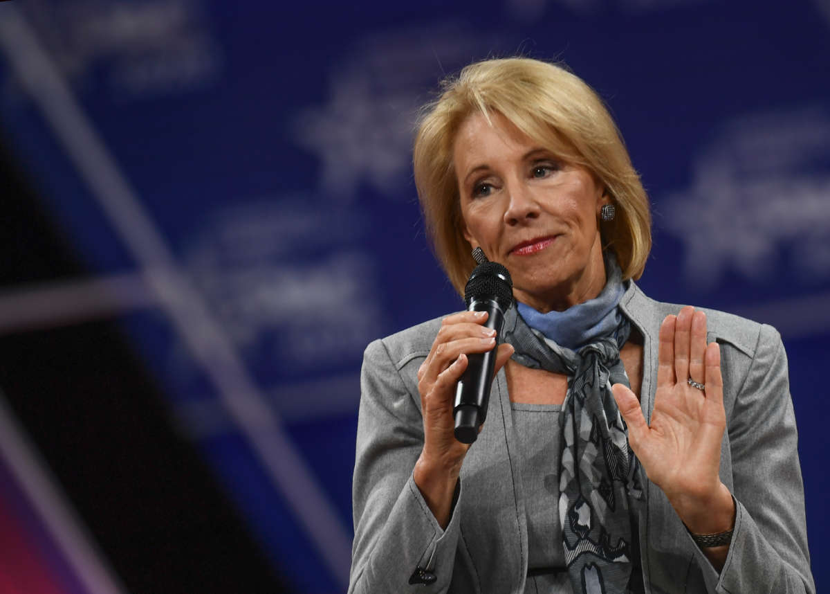 Education Secretary Betsy DeVos speaks to the crowd gathered during the Conservative Political Action Conference annual meeting on February 27, 2020.