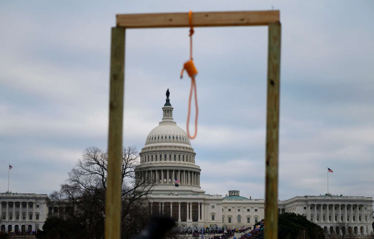 A noose is seen on makeshift gallows built by Trump loyalists as they gather on the west side of the U.S. Capitol in Washington, D.C., on January 6, 2021.