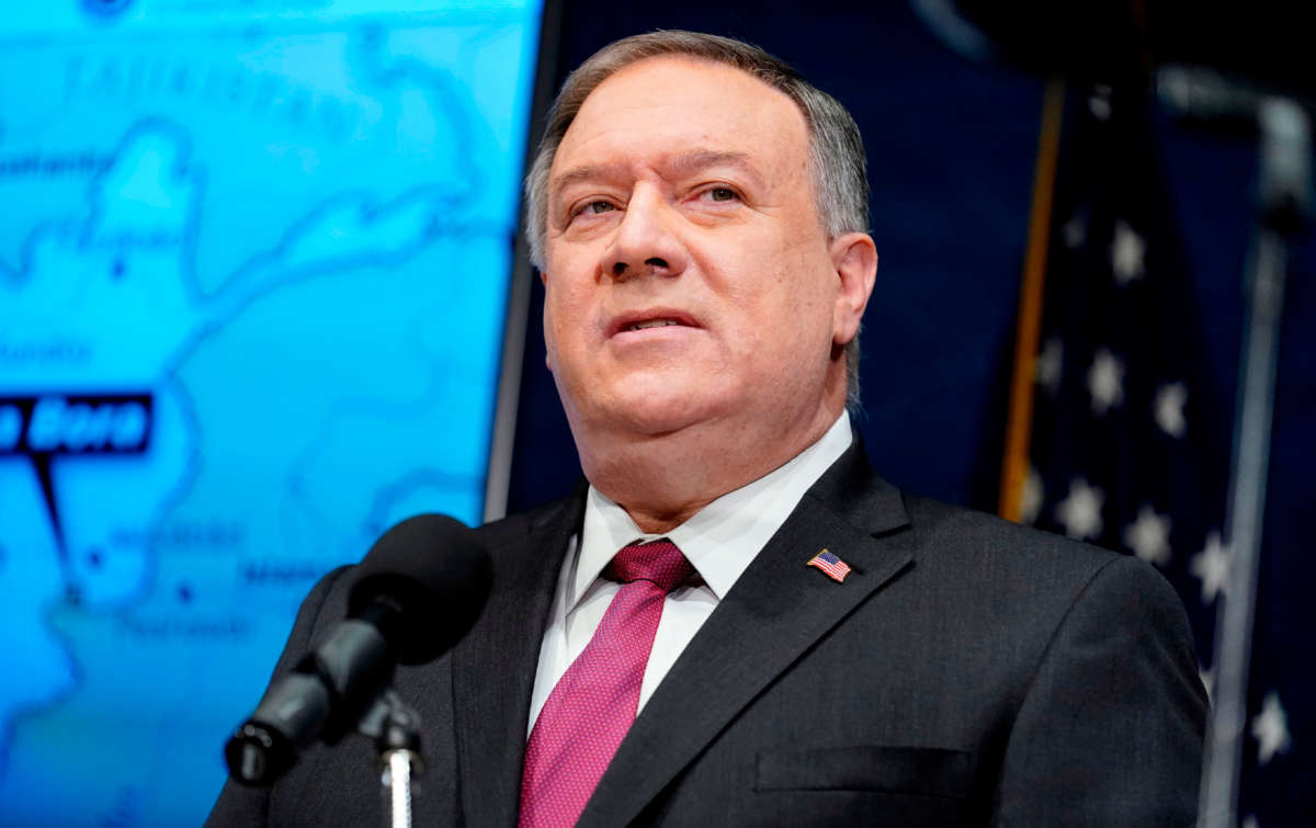 Secretary of State Mike Pompeo speaks at the National Press Club in Washington, D.C., on January 12, 2021.