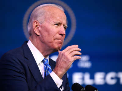 President-elect Joe Biden delivers remarks on the public health and economic crises at The Queen theater in Wilmington, Delaware, on January 14, 2021.