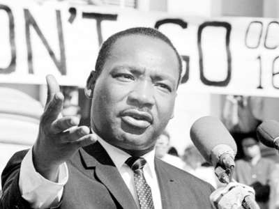 Civil rights leader Rev. Martin Luther King, Jr. delivers a speech on May 17, 1967, at UC Berkeley's Sproul Plaza in Berkeley, California.