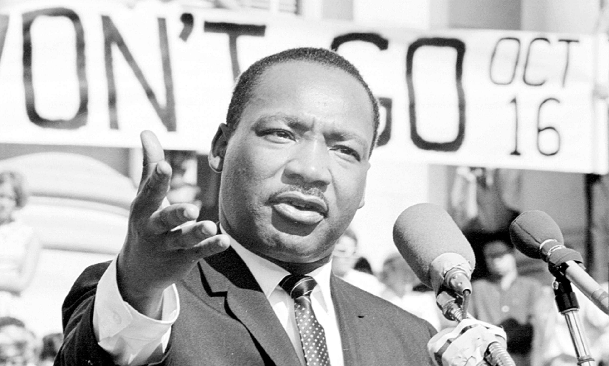 Civil rights leader Rev. Martin Luther King, Jr. delivers a speech on May 17, 1967, at UC Berkeley's Sproul Plaza in Berkeley, California.