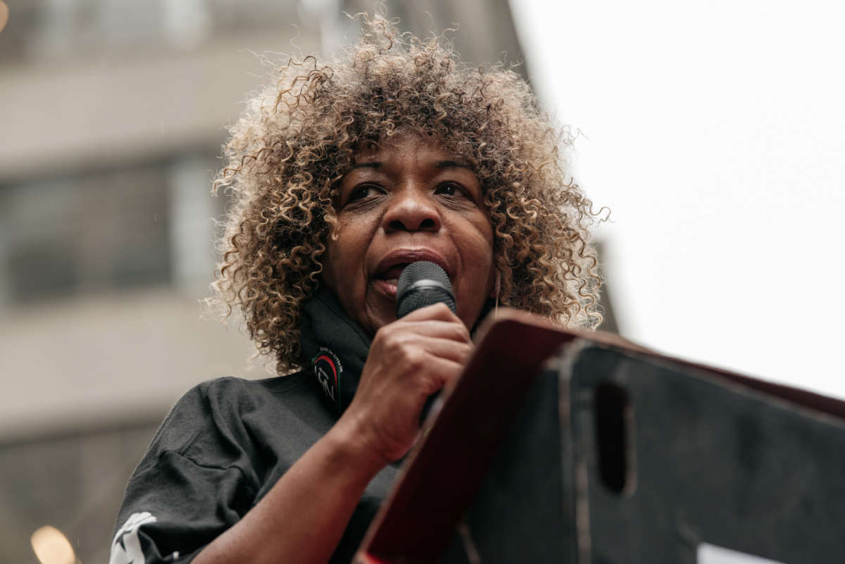 Gwen Carr, mother of Eric Garner, speaks at a post-march rally led by family members of victims of police brutality in the Midtown neighborhood of Manhattan on July 31, 2020, in New York City.