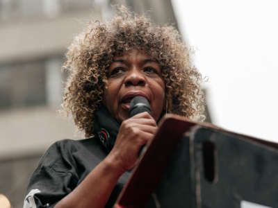 Gwen Carr, mother of Eric Garner, speaks at a post-march rally led by family members of victims of police brutality in the Midtown neighborhood of Manhattan on July 31, 2020, in New York City.