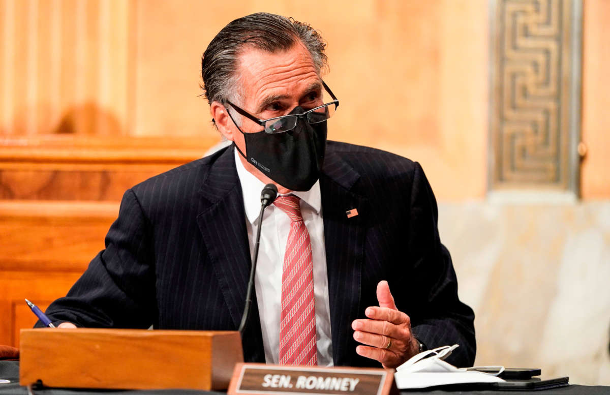 Sen. Mitt Romney attends a hearing in the Senate Homeland Security and Governmental Affairs Committee on January 19, 2021, in Washington, D.C.