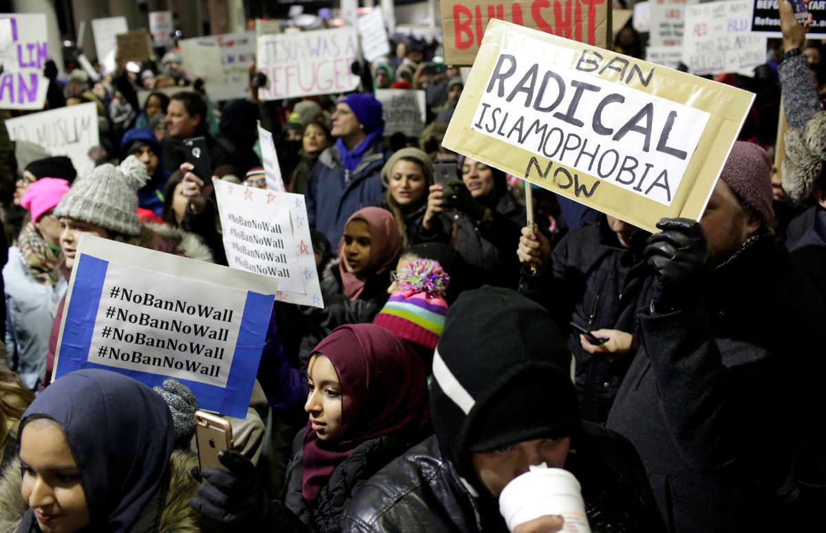 Demonstrators protest President Trump's executive immigration ban at O'Hare International Airport on January 29, 2017, in Chicago, Illinois.