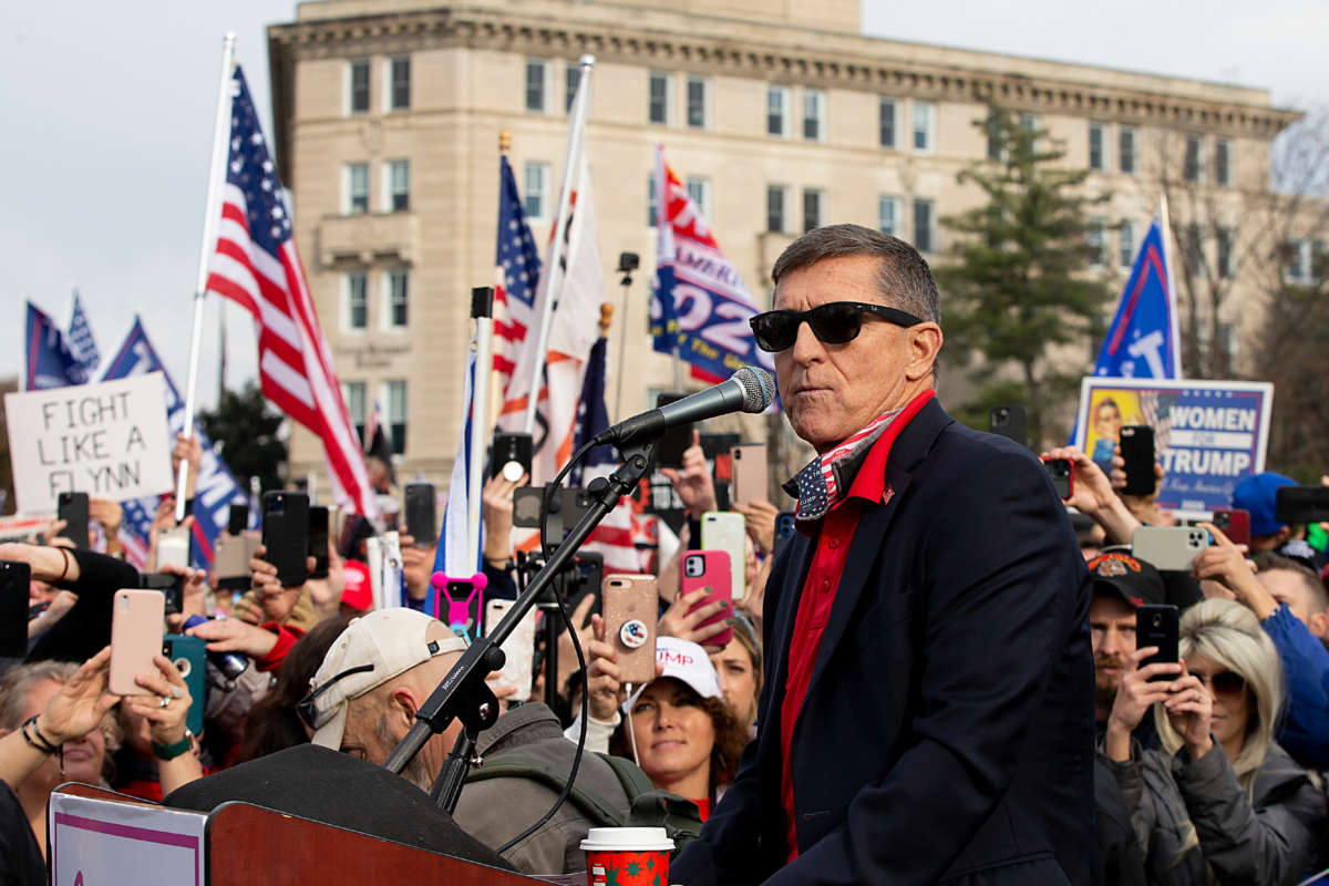 Former General Michael Flynn, former President Trump’s pardoned national security adviser, speaks during a protest of the outcome of the 2020 presidential election outside the Supreme Court on December 12, 2020, in Washington, D.C.