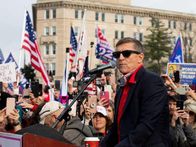 Former General Michael Flynn, former President Trump’s pardoned national security adviser, speaks during a protest of the outcome of the 2020 presidential election outside the Supreme Court on December 12, 2020, in Washington, D.C.