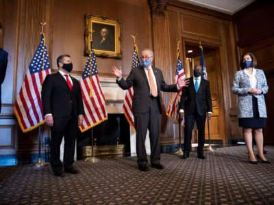 Senate Majority Leader Charles Schumer speaks during a press conference on Capitol Hill in Washington D.C. on January 21, 2021.