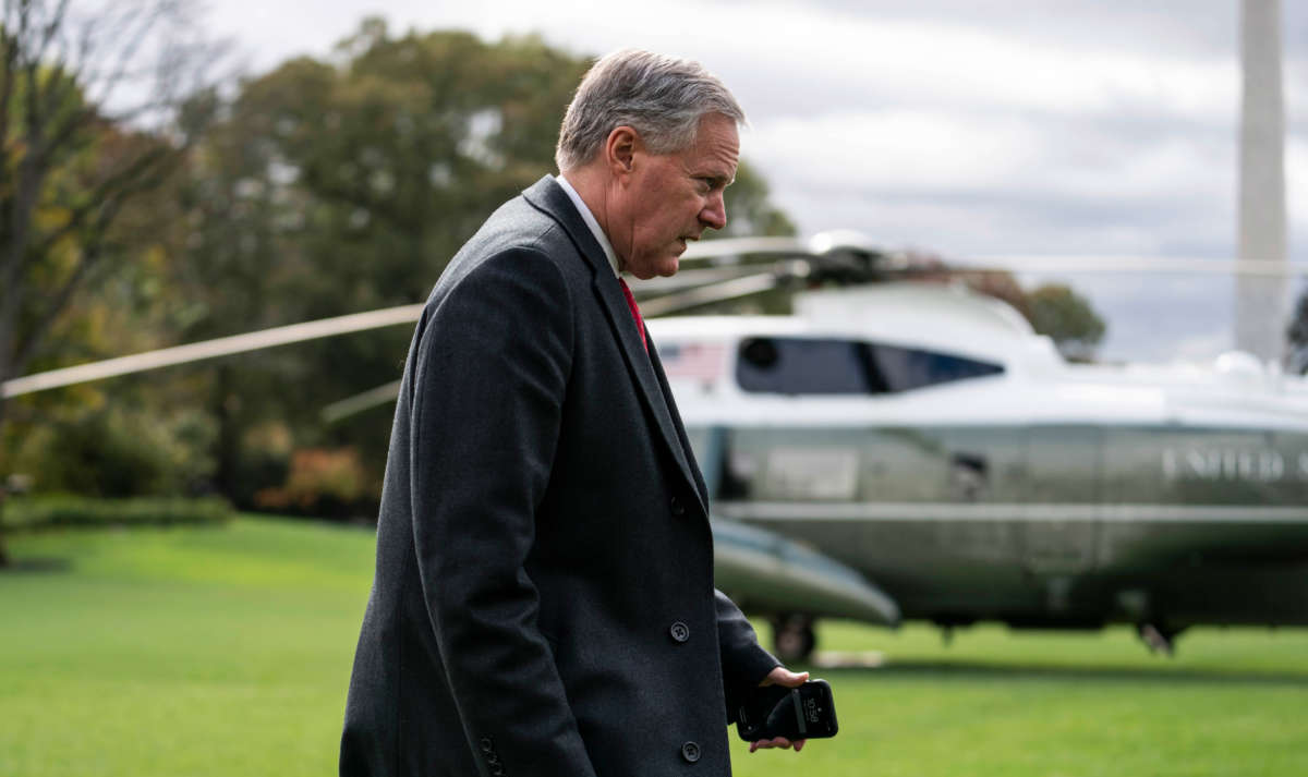 White House Chief of Staff Mark Meadows walks along the South Lawn before President Trump departs from the White House on October 30, 2020, in Washington, D.C.
