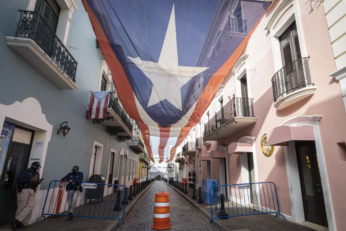 The Puerto Rican flag is seen outside the Governor's residence as Puerto Ricans vote in the general election in San Juan, Puerto Rico, on November 3, 2020.