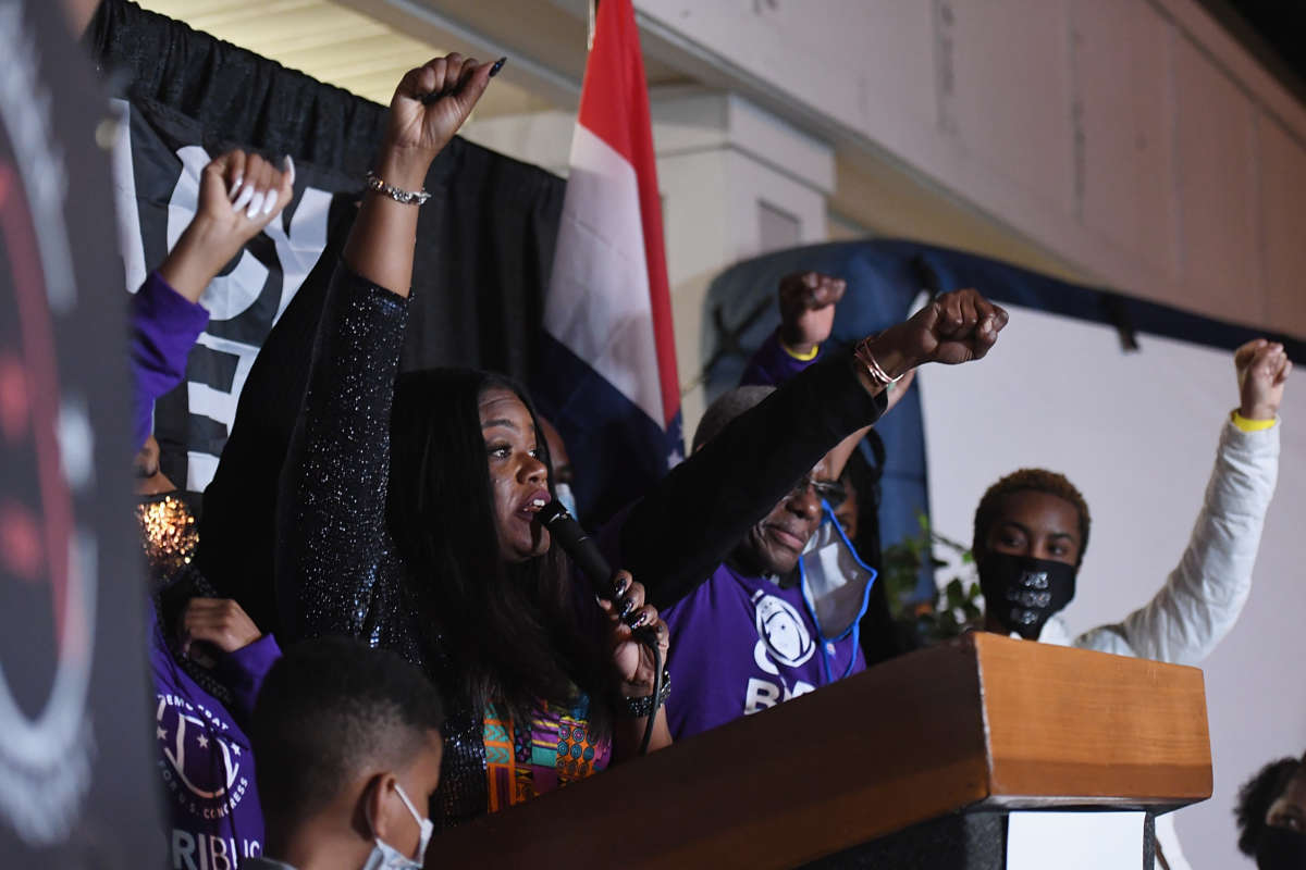 Cori Bush speaks during her election-night watch party on November 3, 2020, in St. Louis, Missouri.