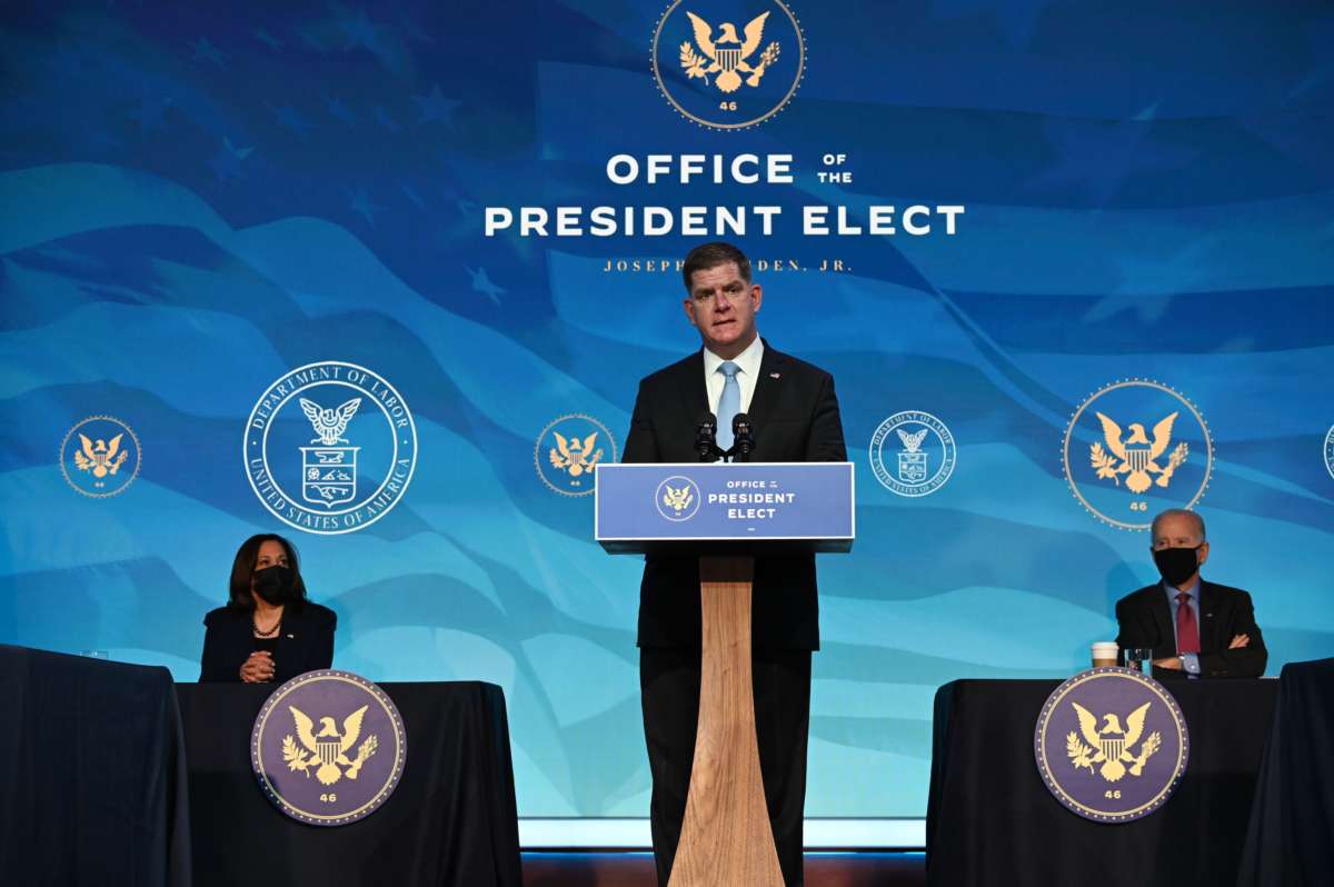 Boston Mayor Marty Walsh, nominee for Secretary of Labor, speaks after being nominated by President-elect Joe Biden at The Queen theater January 8, 2021, in Wilmington, Delaware.