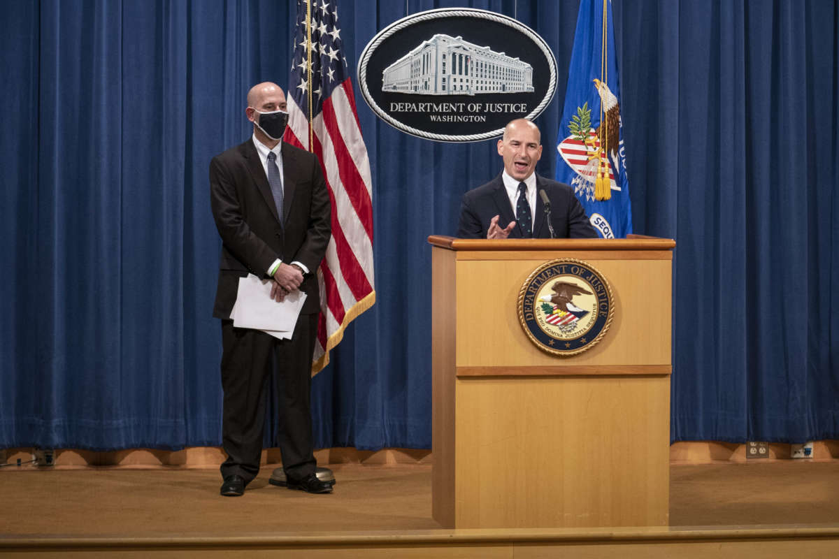FBI Washington Field Office Assistant Director in Charge Steven D'Antuono (left) and Acting U.S. Attorney for the District of Columbia Michael Sherwin hold a press conference on the investigation into the assault on the Capitol on January 12, 2021, in Washington, D.C.