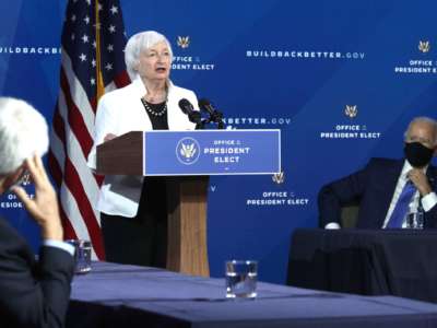 Secretary of the Treasury nominee Janet Yellen speaks during an event to name President-elect Joe Biden’s economic team at the Queen Theater on December 1, 2020, in Wilmington, Delaware.