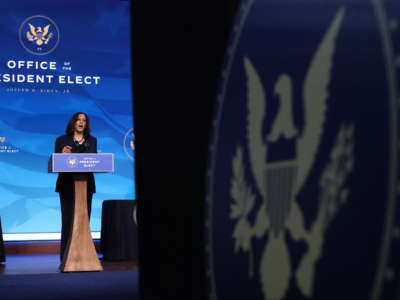 Vice President-elect Kamala Harris delivers remarks after U.S. President-elect Joe Biden announced nominees of his cabinet that will round out his economic team, including secretaries of commerce and labor, at The Queen theater on January 8, 2021, in Wilmington, Delaware.