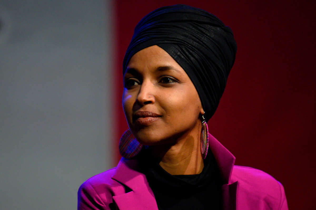 Rep. Ilhan Omar speaks at a campaign event in Clive, Iowa, on January 31, 2020.