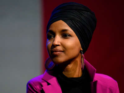 Rep. Ilhan Omar speaks at a campaign event in Clive, Iowa, on January 31, 2020.