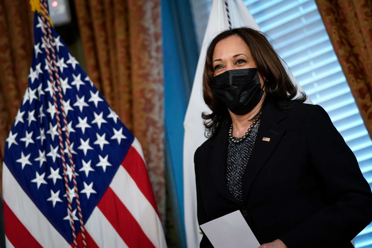 Vice President Kamala Harris participates in a ceremonial swearing-in of Secretary of State Antony Blinken in the Eisenhower Executive Office Building of the White House complex on January 27, 2021, in Washington, D.C.