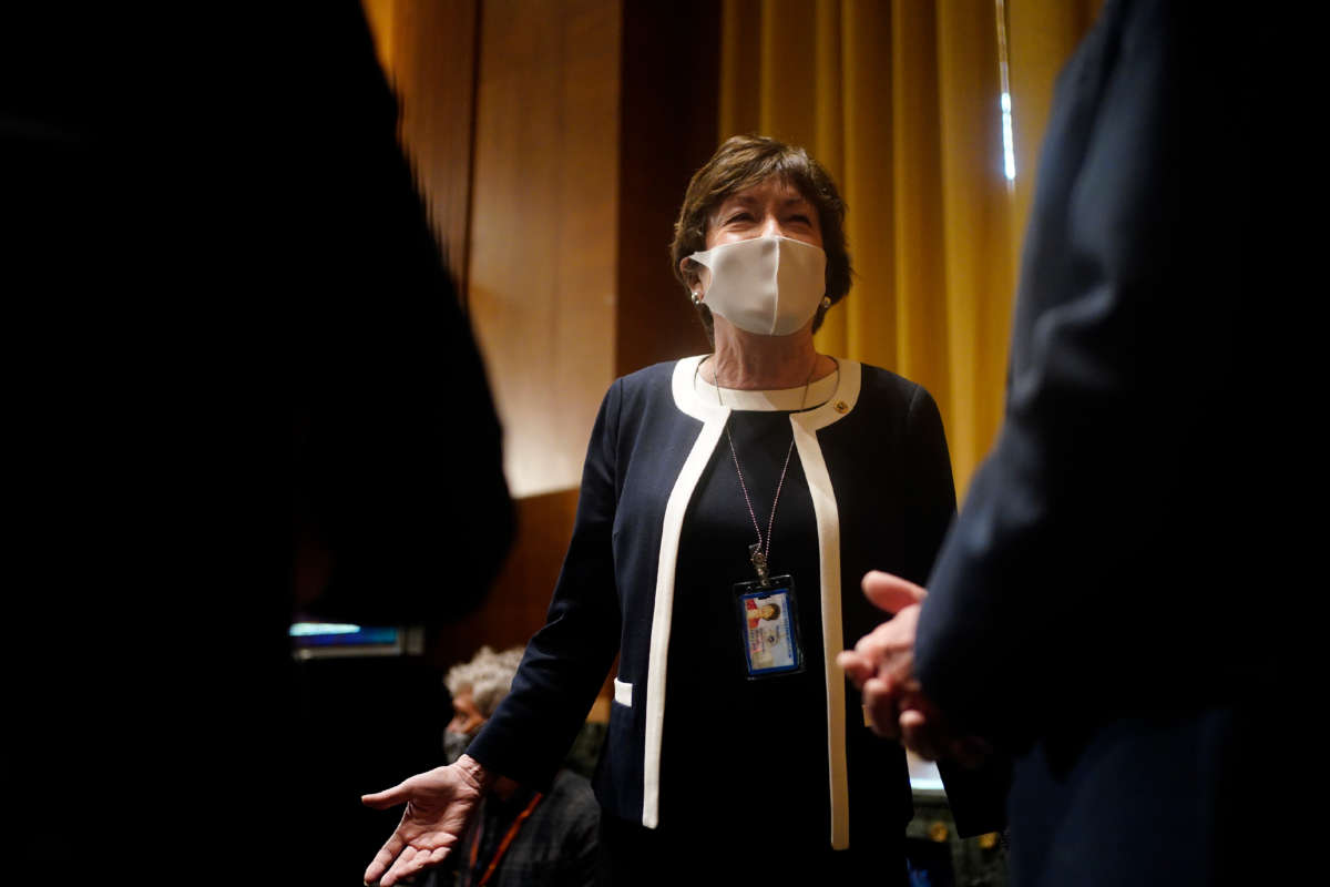 Sen. Susan Collins arrives for a confirmation hearing before the Senate Intelligence Committee on Capitol Hill January 19, 2021, in Washington, D.C.