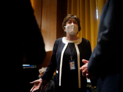 Sen. Susan Collins arrives for a confirmation hearing before the Senate Intelligence Committee on Capitol Hill January 19, 2021, in Washington, D.C.
