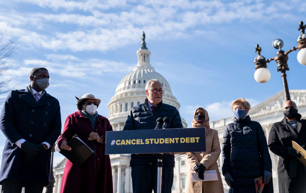 Senate Majority Leader Chuck Schumer speaks during a press conference about student debt outside the U.S. Capitol on February 4, 2021, in Washington, D.C.