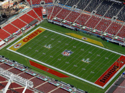 An aerial view of Raymond James Stadium in Tampa, Florida, ahead of Super Bowl LV.