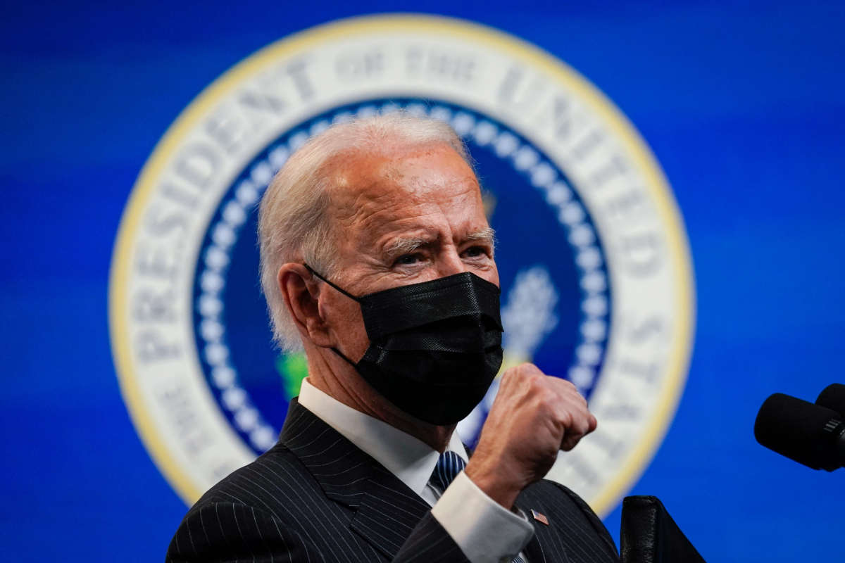 President Joe Biden speaks in the South Court Auditorium of the White House complex on January 25, 2021, in Washington, D.C.