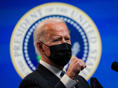 President Joe Biden speaks in the South Court Auditorium of the White House complex on January 25, 2021, in Washington, D.C.