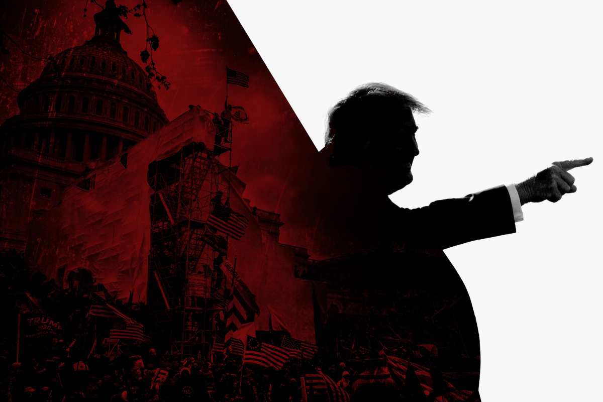 Donald Trump in silhouette pointing with backdrop of Capitol seige