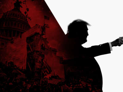 Donald Trump in silhouette pointing with backdrop of Capitol seige