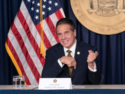 New York State Gov. Andrew Cuomo makes his daily media announcement and briefing at 633 3rd Avenue, Manhattan, on October 5, 2020.