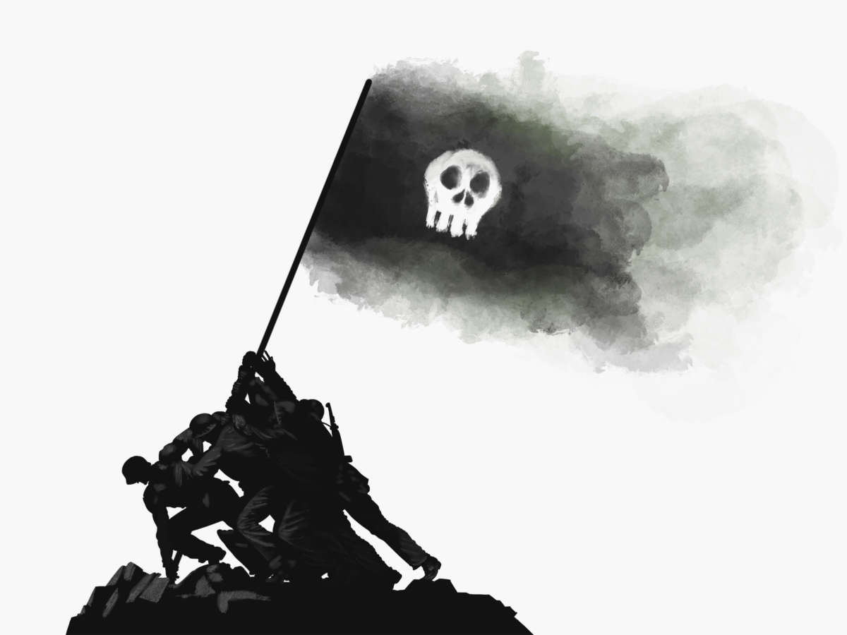 Marines erect a deadly flag in an illustration