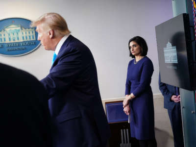 Administrator of the Centers for Medicare and Medicaid Services Seema Verma listens as President Trump speaks in the Brady Briefing Room at the White House on April 7, 2020, in Washington, D.C.