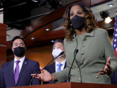 Del. Stacey Plaskett gives a press conference on February 13, 2021, after the impeachment trial of Donald Trump.