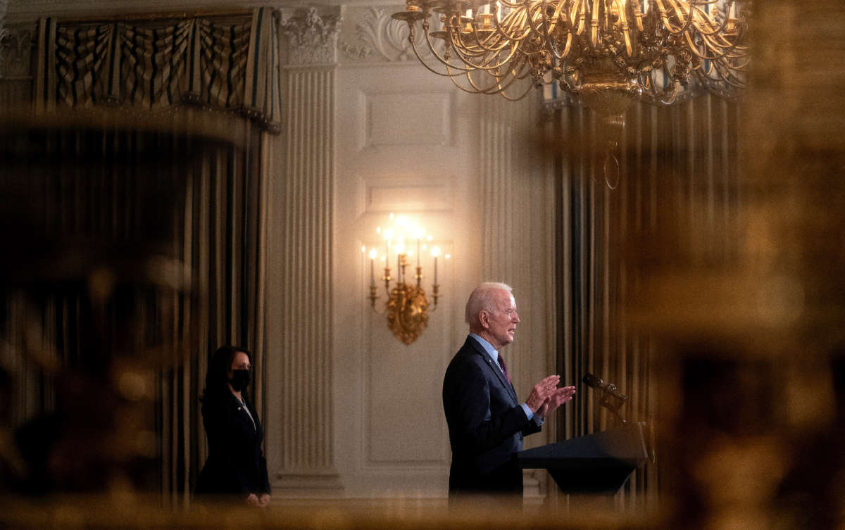 President Biden delivers remarks with Vice President Kamala Harris in the State Dining Room at the White House on February 5, 2021, in Washington, D.C.