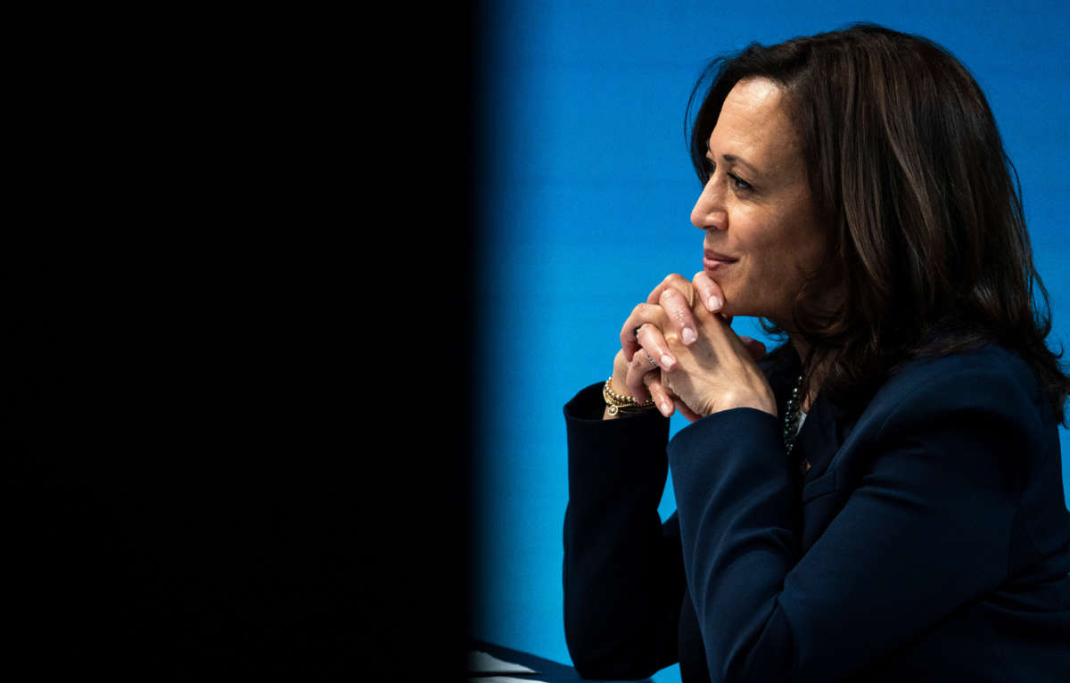 Vice President Kamala Harris attends a virtual roundtable event with participants from local Black Chambers of Commerce on February 5, 2021, in Washington, D.C.