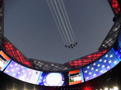 The U.S. Air Force Thunderbirds Demonstration Squadron flyover during the Super Bowl LIII Pregame at Mercedes-Benz Stadium on February 3, 2019, in Atlanta, Georgia.
