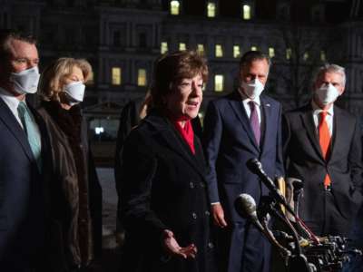 Sen. Susan Collins (center) speaks alongside fellow Republican Senators after a meeting with President Joe Biden in Washington, D.C., on February 1, 2021.