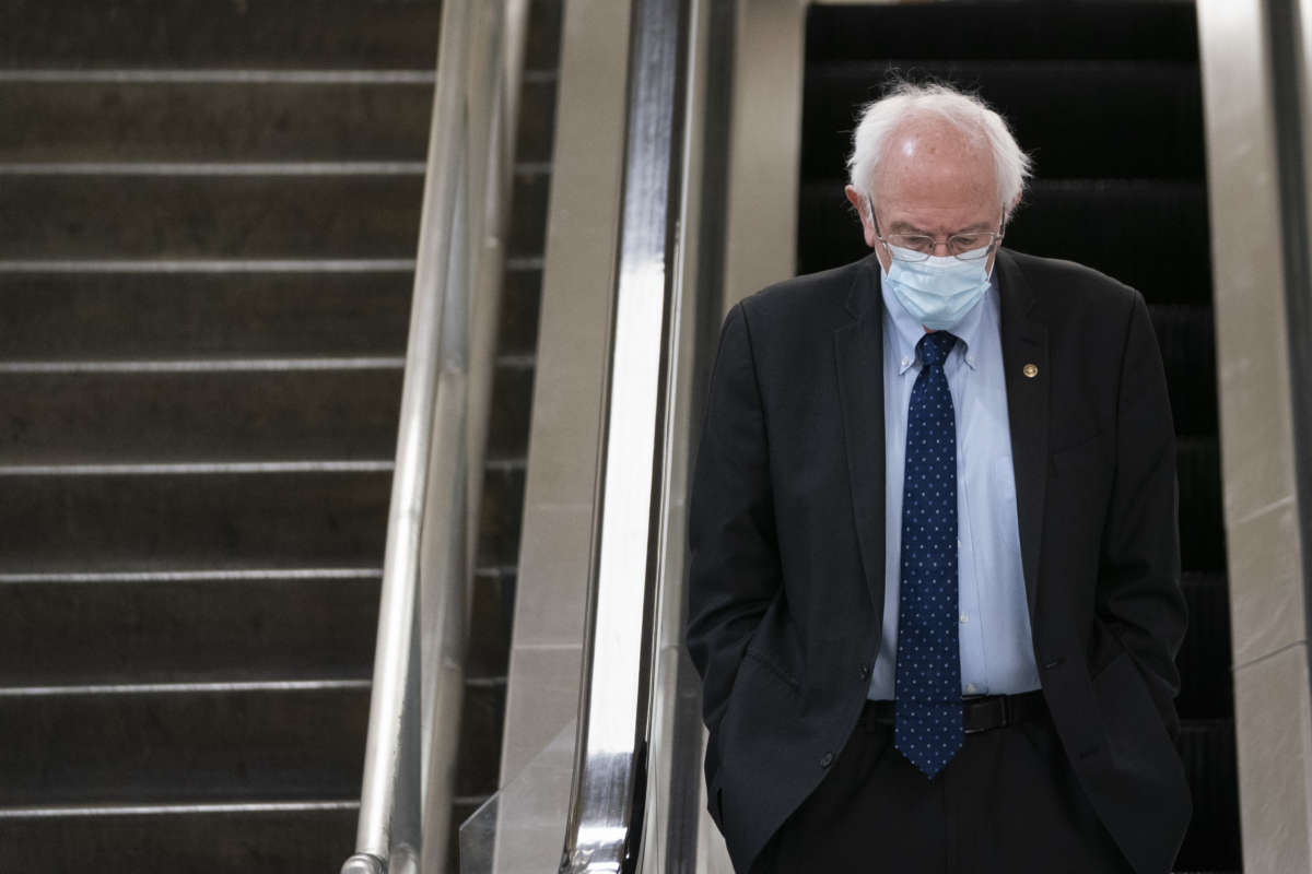 Sen. Bernie Sanders walks through the Senate subway following a vote at the U.S. Capitol on February 2, 2021, in Washington, D.C.